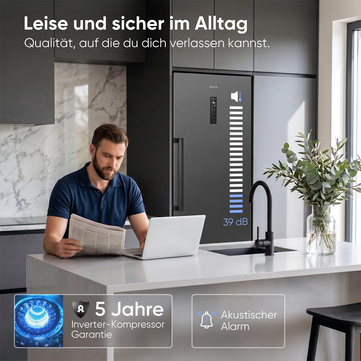 Bomann® Gefrierschrank Nofrost | Energieklasse D | 185cm | MultiAirflow | 5 Jahre Kompressor-Garantie | -14°C bis -22°C | Tiefkühlschrank | 274L | Türanschlag wechselbar | Freezer | GS 7371 inox