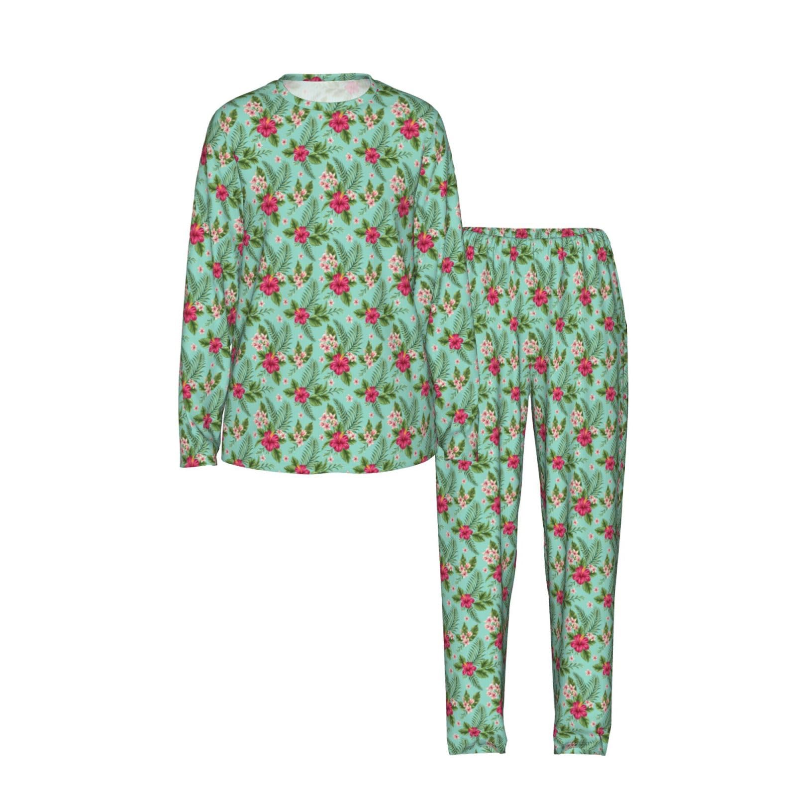 Pigiama da donna a maniche lunghe con stampa di fiori tropicali hawaiani morbido elastico coulisse casual Daywear