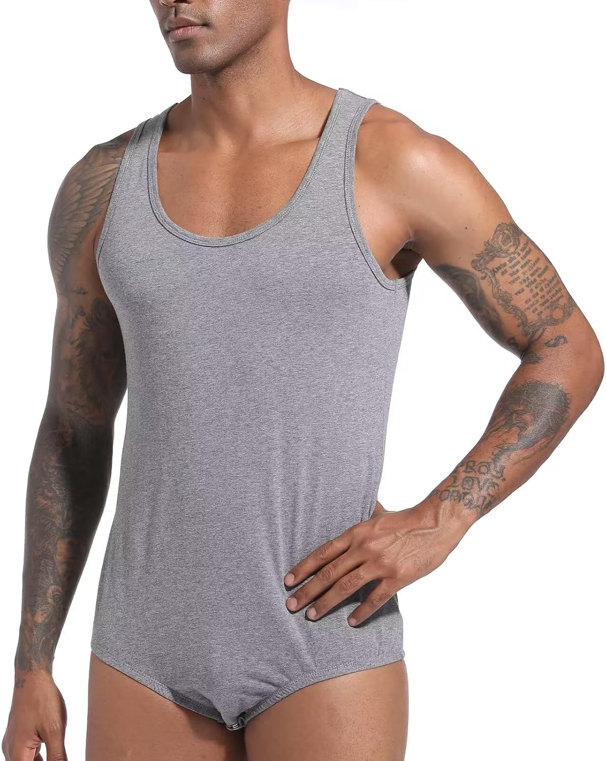 Landofgenie Mens Cotton Sleeveless Bodysuit Solid One-Piece Pajama Rompers for Men - Image 4