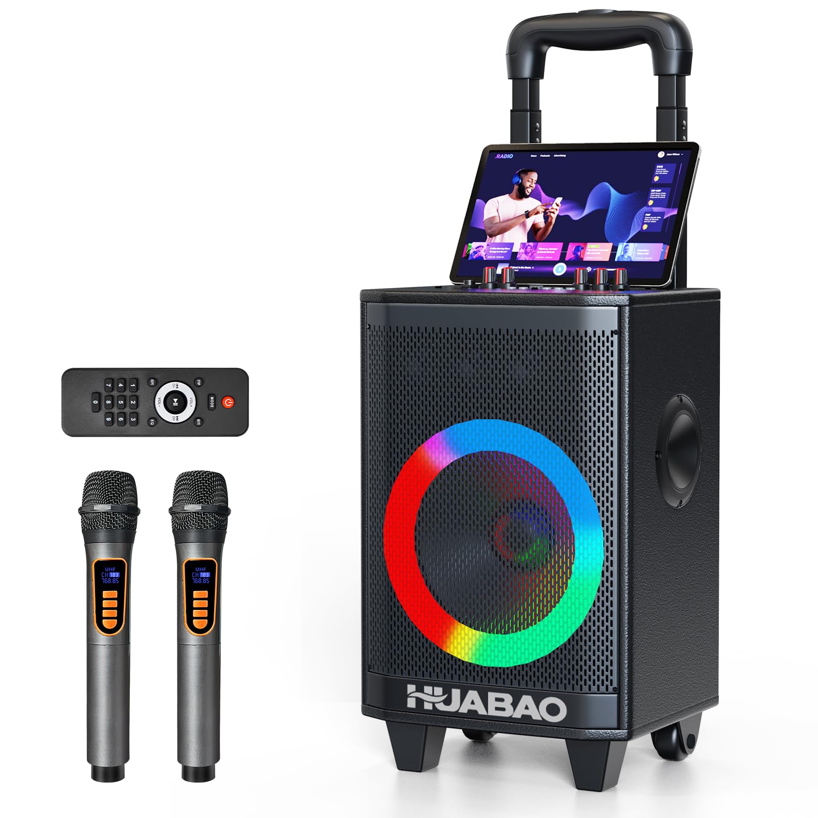 Tragbare Karaoke-Maschine mit 2 drahtlosen Mikrofonen, Bluetooth-Lautsprecher mit Beleuchtung und Trolley-Rädern, 6600-mAh-Akku-PA-System, FM/AUX/USB/TF, Fernbedienung, Bass-/Höhen-/Echo-Einstellung