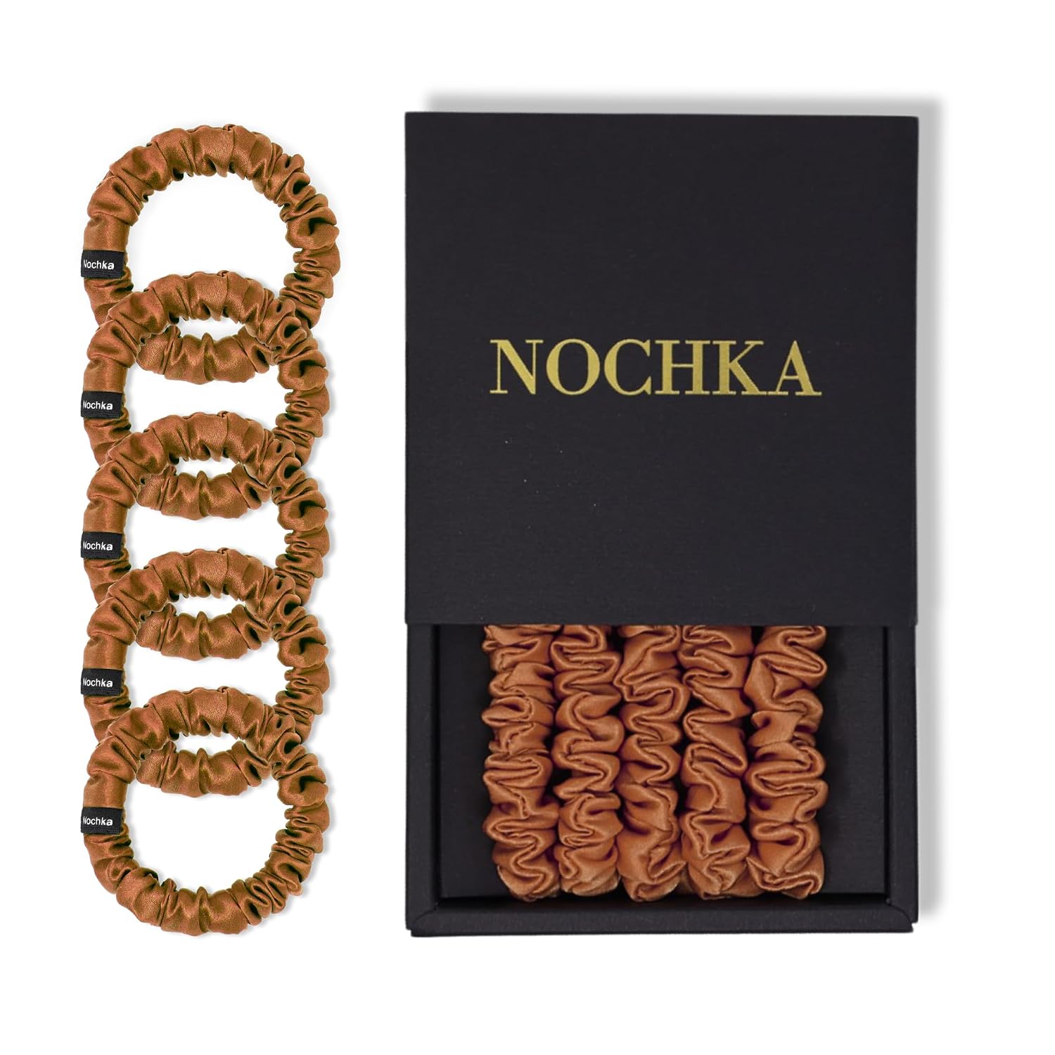 Mulberry Silk Scrunchies for Women - Premium Ultra Thin Hairband for All Hair Types Solid (5 Pack) - Made in USA Hair Ties - Silk Scrunchie Set for Frizz Prevention (Copper)