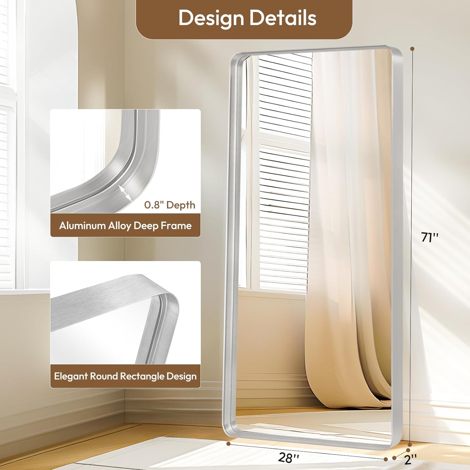 Full Length Mirror, 71"x28" Full Body Floor Mirror Walled-Mounted or Leaning Wall, Full Body Mirror with Aluminum Alloy Deep Frame for Bedroom Living Room, Silver