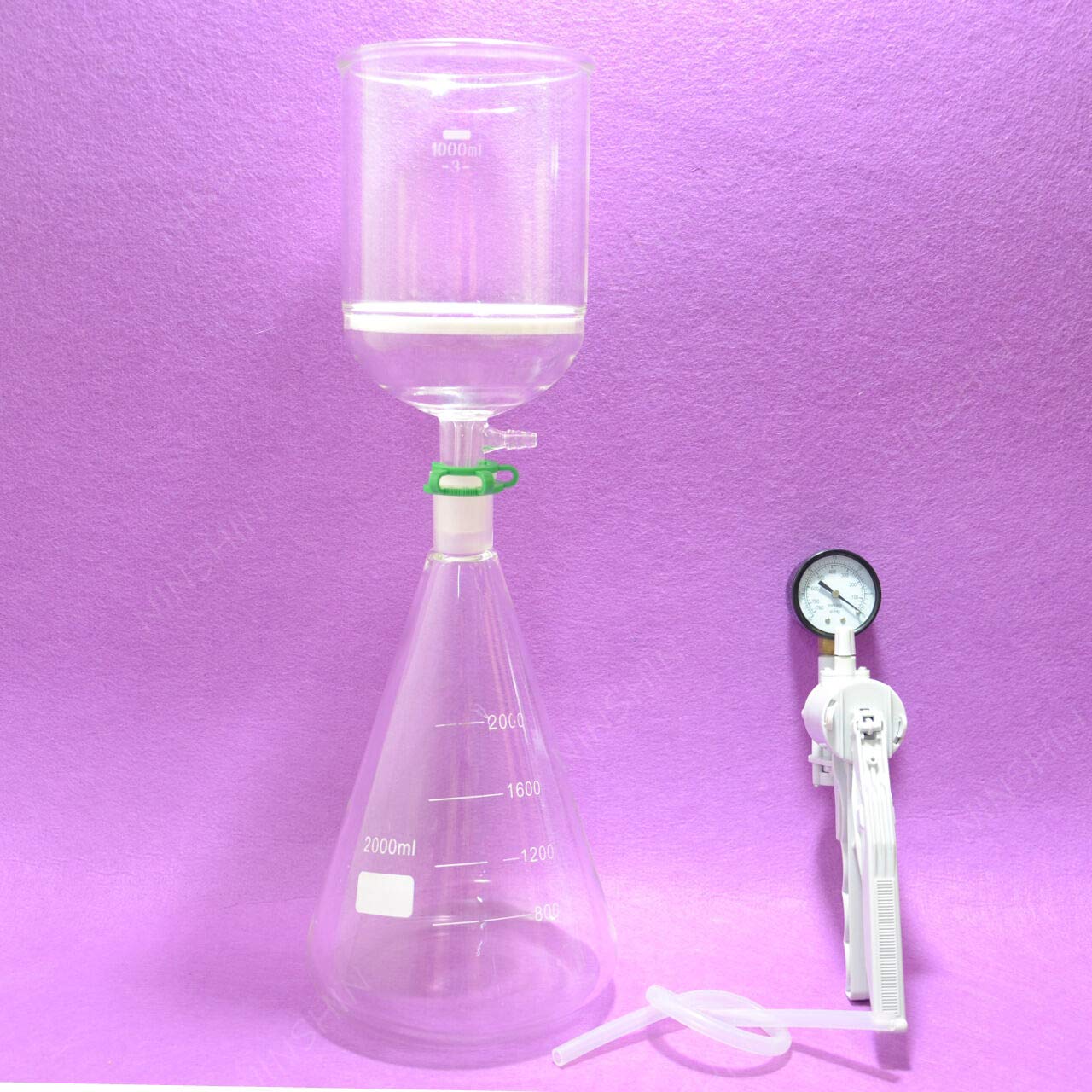 Glassware,Filtration Set[2000ML Erlenmeyer Flask+1000ML Filter Funnel(3#)+Vacuum Pump]