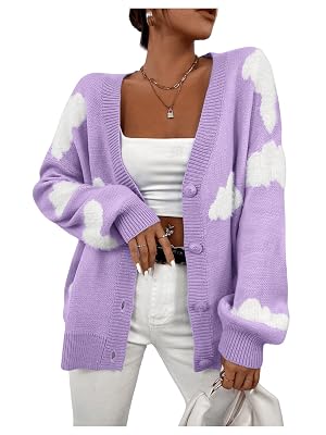 SOLY HUX Womens Button Down V Neck Long Sleeve Cloud Open Front Knit Cardigan Sweater