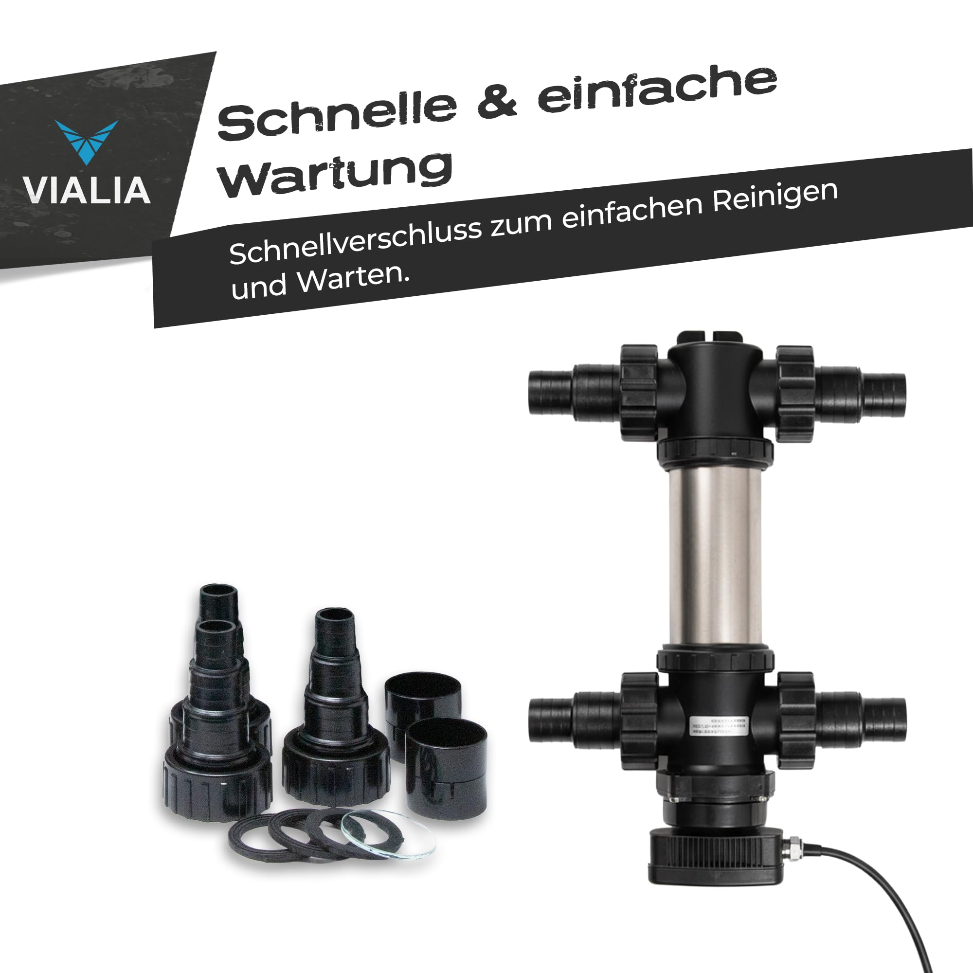 UVC Teichklärer SUV-724 RVS 24 Watt Edelstahl Wasserklärer | Algenvernichter für Teich & Aquarium bis 40 m³, Durchfluss 5 m³/h, Inkl. 4 Schlauchnippel 38/50mm & 2" Gewinde