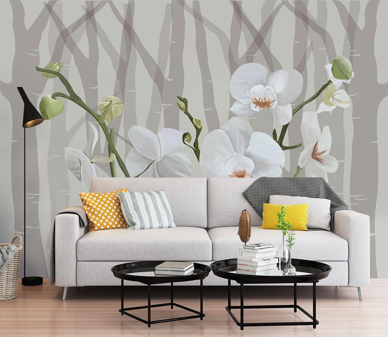 Papier Peint Panoramique Fleur Arbre Beige - Tapisserie Murale en Soie pour Salon 150x117.5cm