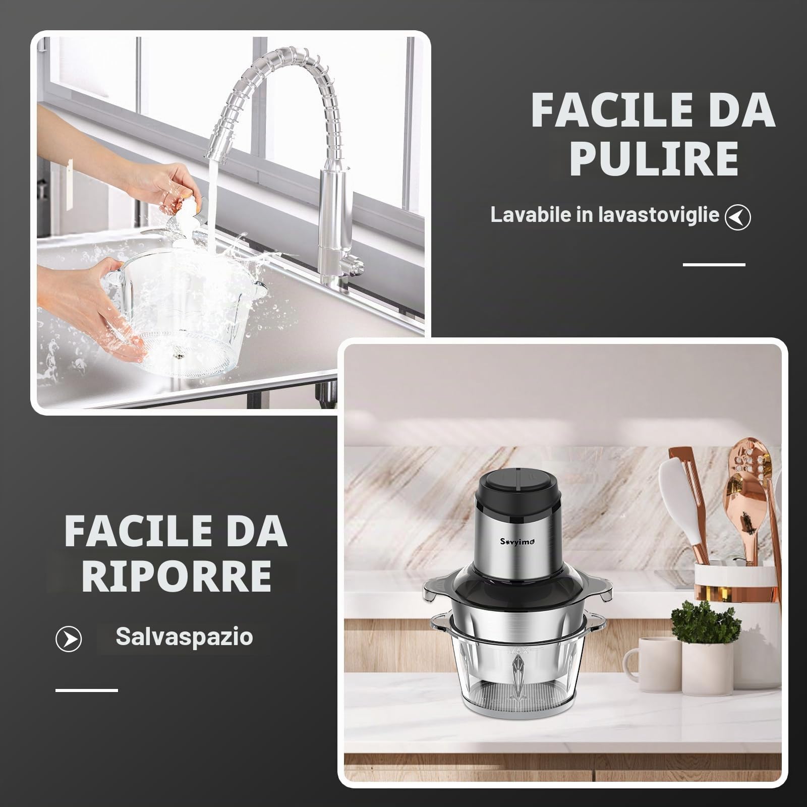 Sovyime Tritatutto da Cucina Elettrico, 2L+2L Frullatore Tritatutto Multifunzione,2×4 Lame Tritatutto Elettrico Mini Robot da Cucina, Mixer Cucina, Frullatore Piccolo per Frutta Verdura Carne Cipolle