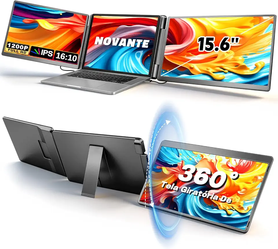Monitor Duplo Portátil para Notebook 15.6" - Expansor de Telas Triplo com Design 360°, Tela IPS FHD 1080p 60Hz, Baixa Luz Azul, Compatível com Windows/Mac/Switch (Cabos Inclusos)