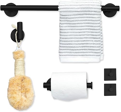 Ilyapa Juego de accesorios de baño negro, juego de 3 piezas de toallero de baño negro mate, barra para toallas, soporte para papel higiénico, anillo