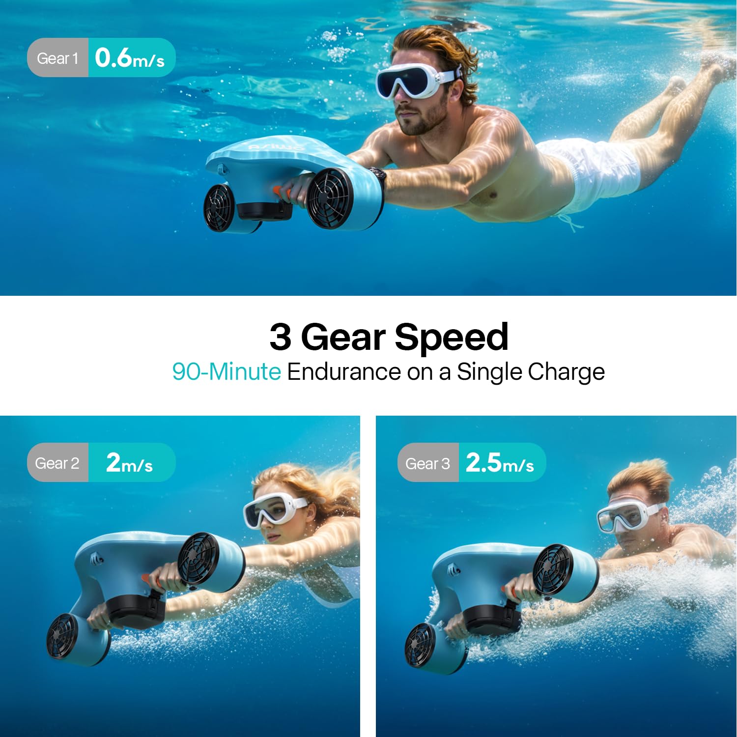 Asiwo Manta 2 Scooter Submarino, Propulsor Acuático de Doble Motor con Soporte para Cámara de Acción, Potente Seasooter para Buceo, Snorkel y Natación