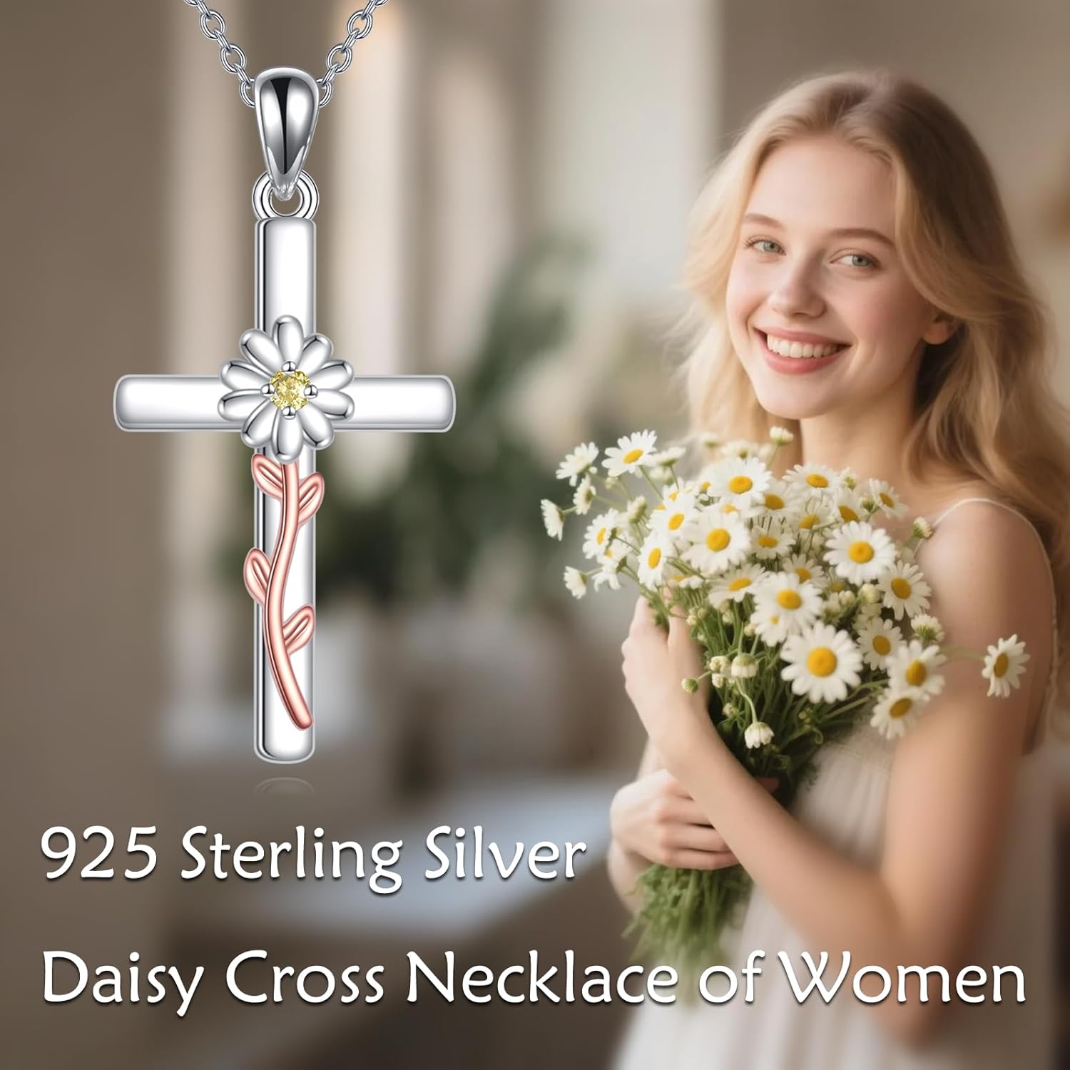 Daisy Cross Necklace for Women 925 Sterling Silver Pendant Daisy Necklaces Christian jewelry Gifts - Image 6