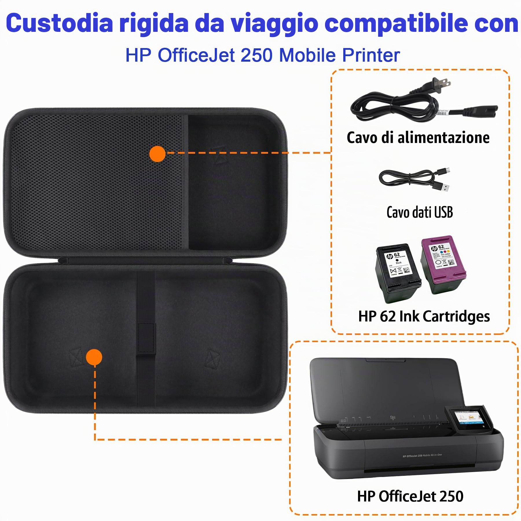 Khanka Custodia per HP OfficeJet 250 Stampante All-in-One Portatile,Borsa Rigida da Viaggio con Tasca in Rete per Accessori HP OfficeJet 250, Solo Custodia