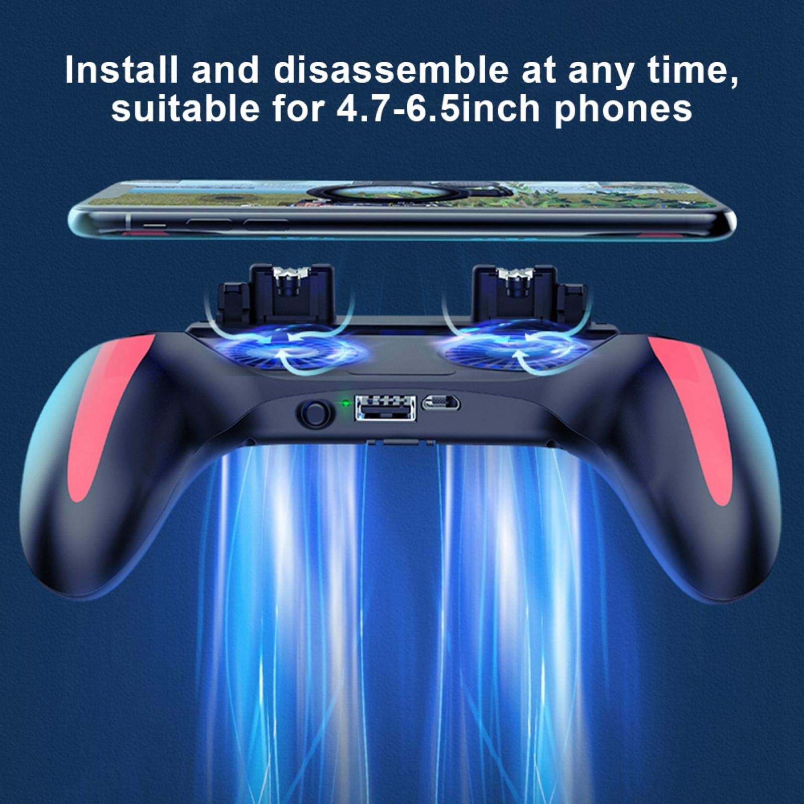 ciciglow Controller di Gioco Mobile con Doppia Ventola di Raffreddamento, Gamepad per Telefono con Batteria 2500/5000mAh, Presa Smartphone per PUBG Mobile, Compatibile 4.7-6.5 Poll