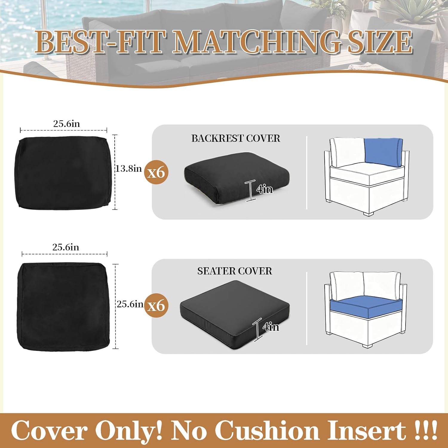 12PCS Patio Cushion Covers,Patio Seat Protectors Splash-proof, Deep Seat, Washable Outdoor Couch Cushion Covers Replacement with Zippers, Slipcovers Sofa Chair Cover(Black,25.6 x 25.6 x 4 inches)