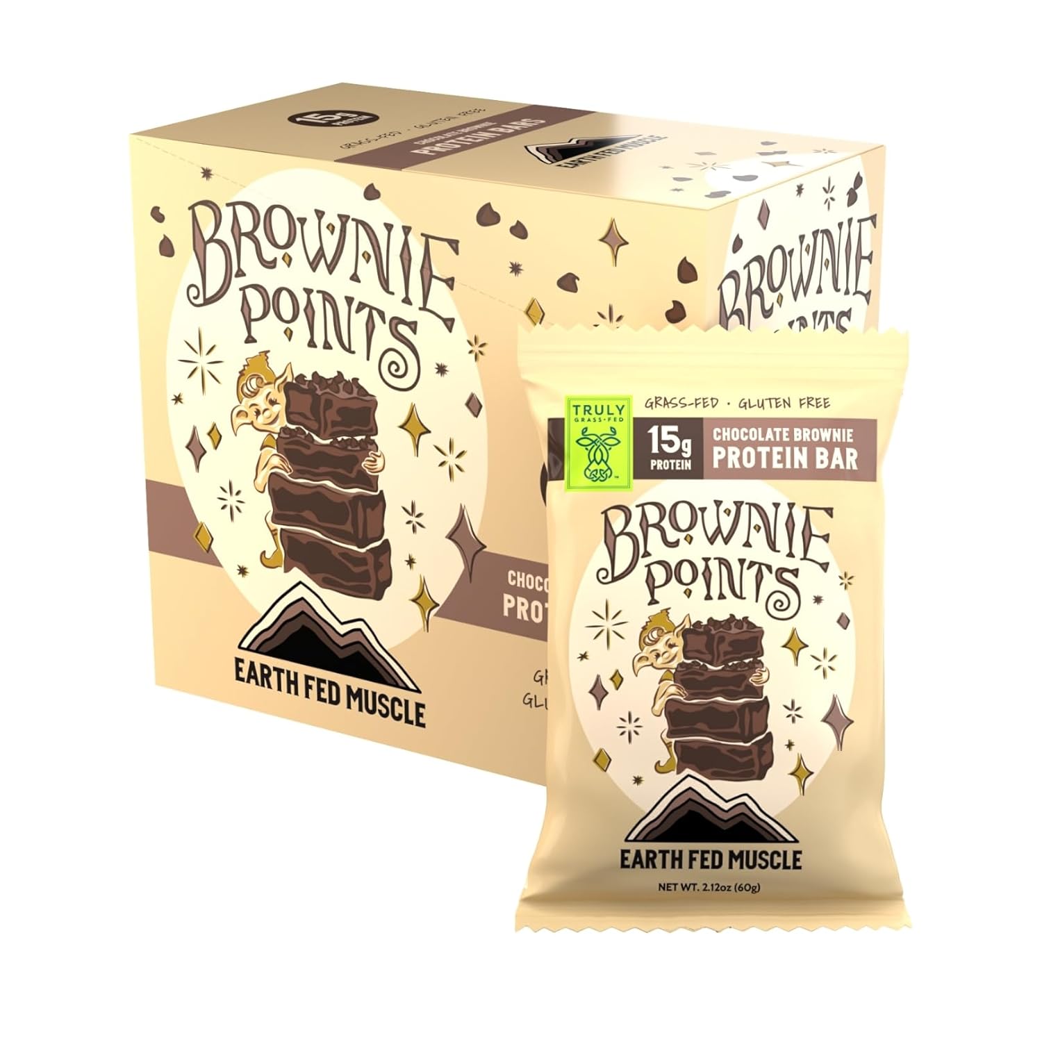 Earth Fed Muscle Brownie Points – Chocolate Brownie Grass Fed Whey Protein Bars | 15g Protein Snack | Gluten Free, Non-GMO, All-Natural Clean Energy | 2.12 oz Bars (10 Count)