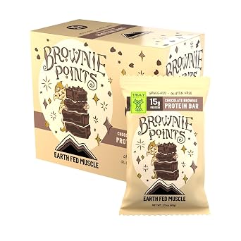 Earth Fed Muscle Brownie Points Chocolate Brownie Grass Fed Whey Protein Bars | 15g Protein Snack | Gluten Free, Non-GMO, All-Natural Clean Energy | 2.12 oz Bars 10 Count
