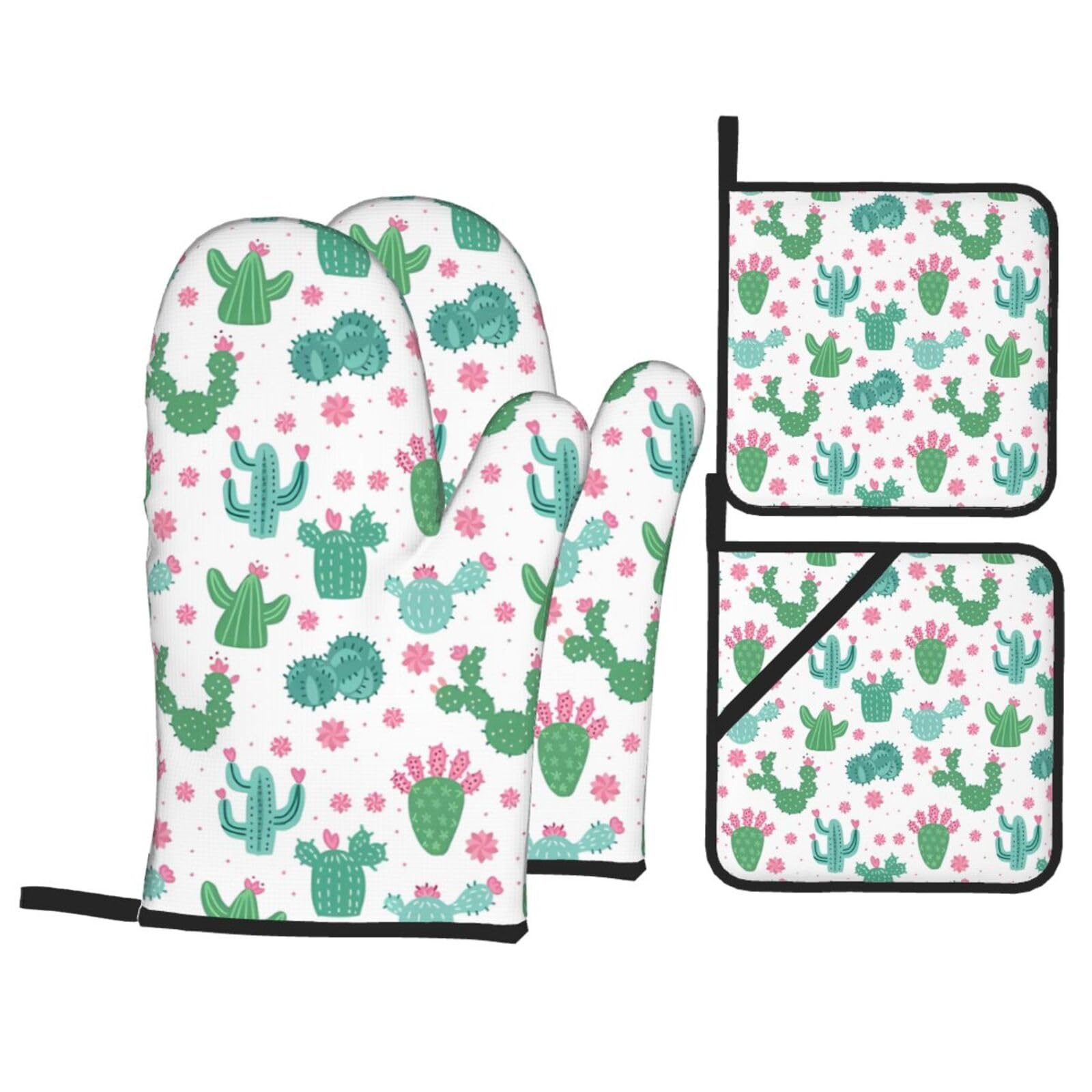WHJSSF Cute Cactus Seamless Illustration Prints 4-Piece Waterproof Oven Throws & Heat Resistant Pot Covers – Durable Kitchen Layers for Grilling & Baking