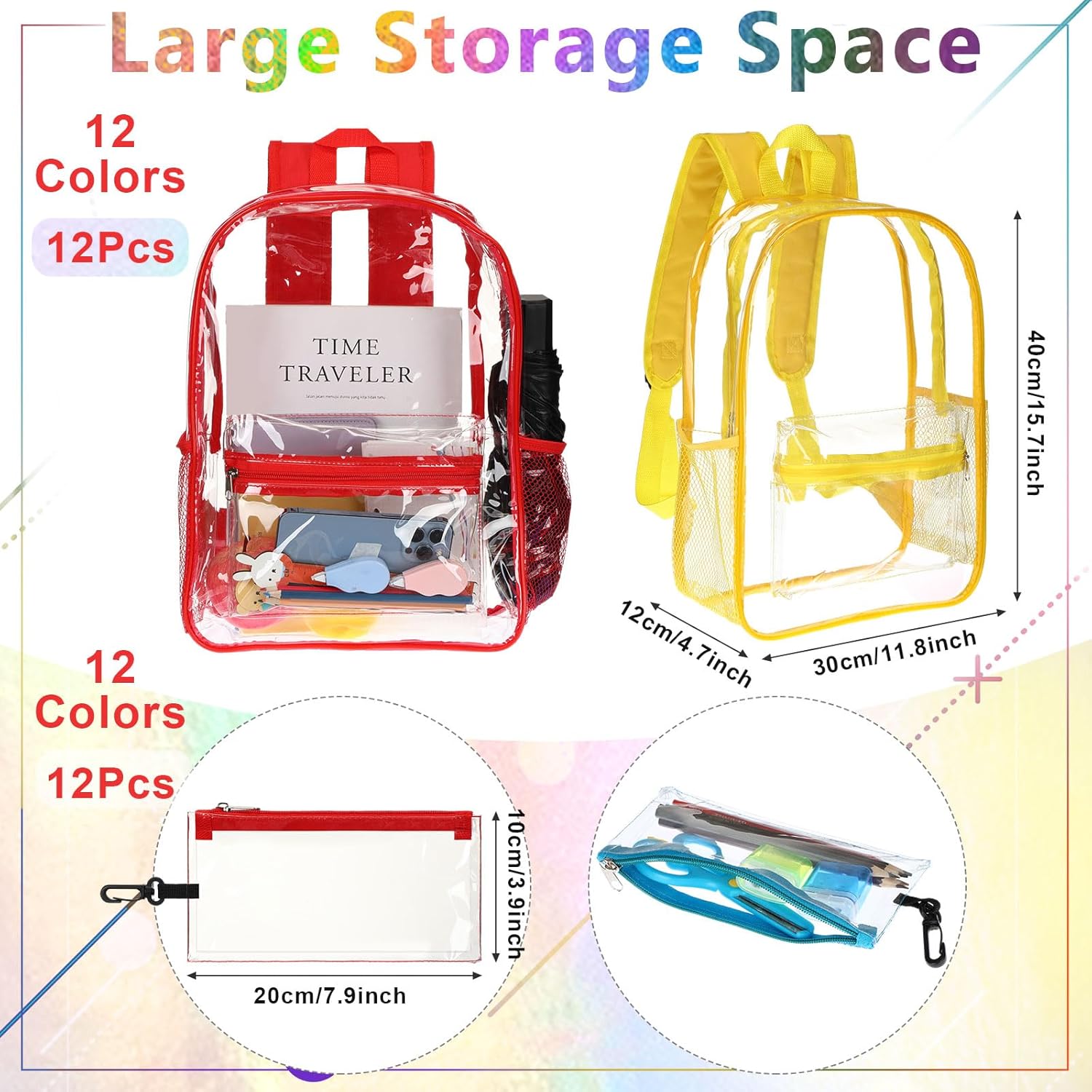 Cholemy 12 Set Bulk Clear Backpack with Pencil Pouch,15.75" Large Transparent Bookbag for School Work Stadium Security(Colorful)