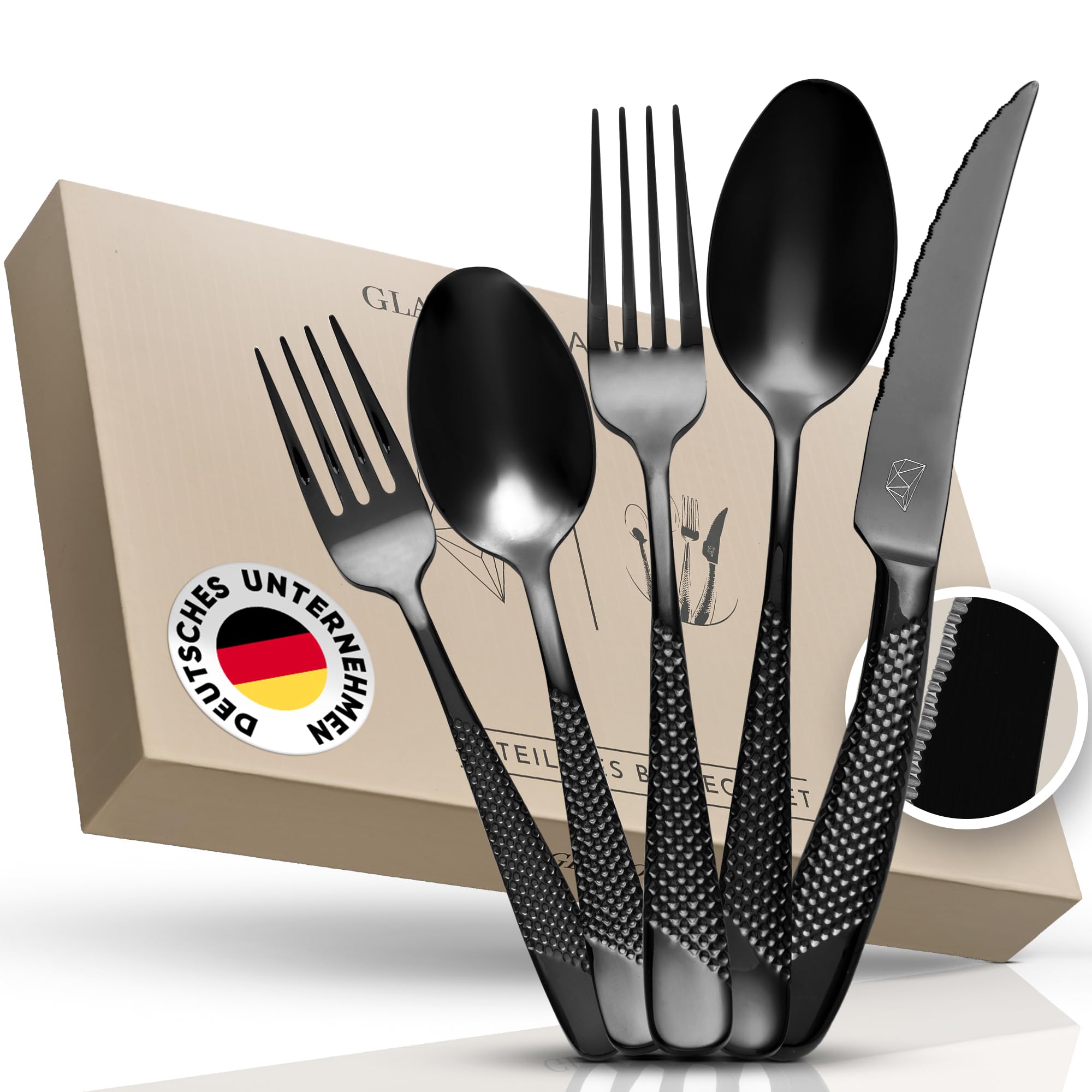 Glavory Aurora - Besteck Set Schwarz gestanzt - Besteck für 6 Personen 30teilig - rostfreier 18/8 Edelstahl - schwarzes Besteck spülmaschinenfest mit edler Verpackung - 2 in 1 Steakmesser