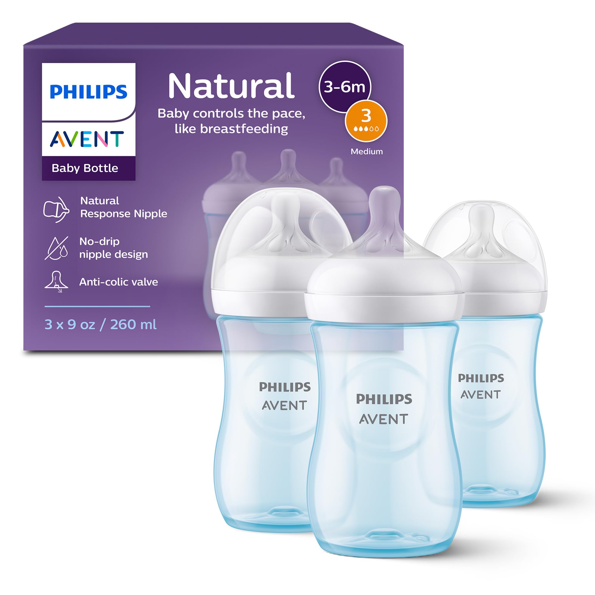 Philips AVENT Natural Baby Bottle with Natural Response Nipple, Blue, 9oz, 3pk, SCY903/23