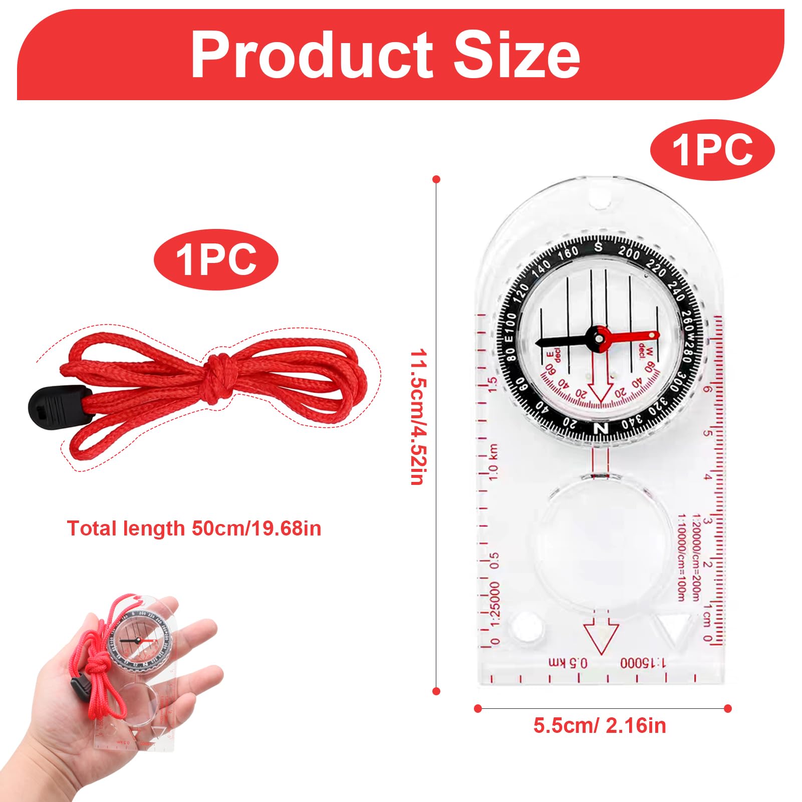 Boussole de Navigation, Boussole Randonnée avec Déclinaison Réglable Équipé d'une Corde Rouge Transparente Compas d'Orientation pour Randonnée Camping Sport de Plein air