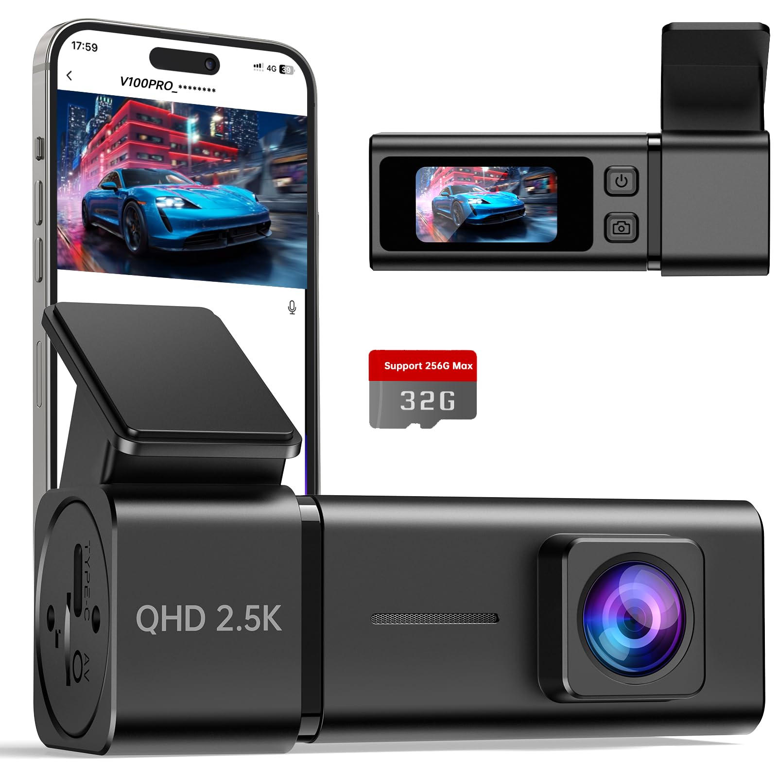 Dash Cam WiFi 2.5K Dashcam V100Pro, E-YEEGER Front Dash Camera for Cars, Mini Dashcams with App, Night Vision, G-Sensor, Loop Recording, 24H Parking Mode, 32G SD Card Included, Support 256GB Max