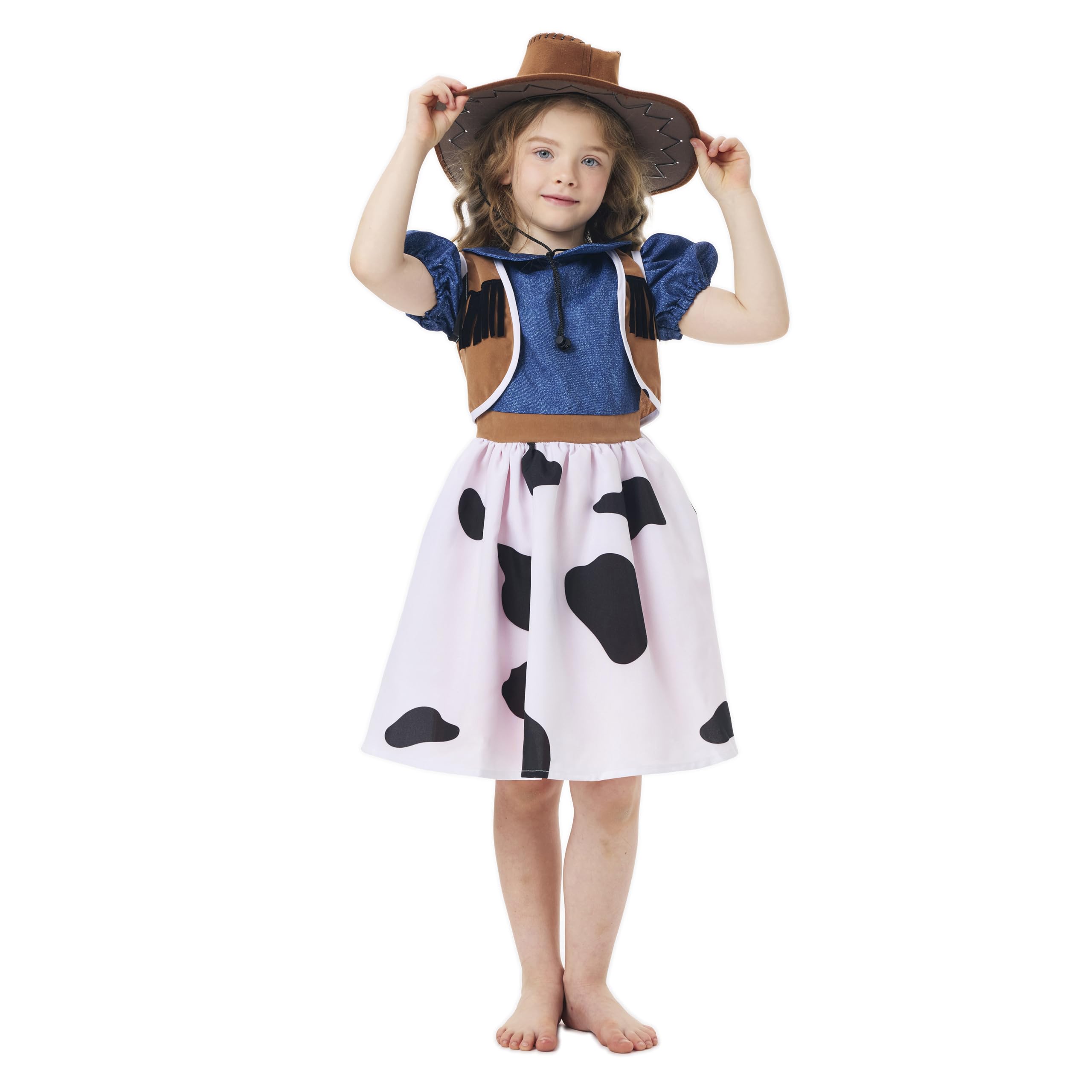 AENEY 2PCS Girls Cowgirl Outfit, Kids Jessie Costume with Wild West Hat Halloween Cosplay Fancy Dress Up (Large, 130cm) - Image 2