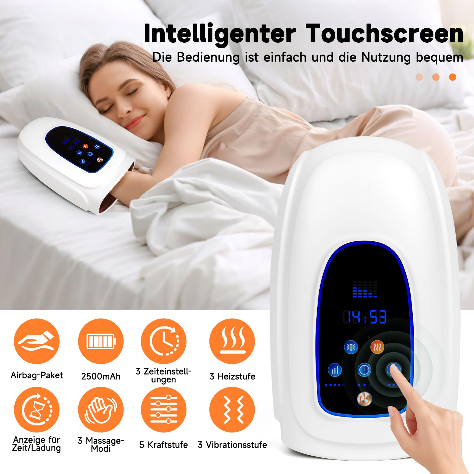 Elektrische Handmassagegeräte, Kabelloses Massagegerät mit Wärme & Rollknetmassage, 3 Massage-Modi, Tragbares Touchscreen-Handmassagegerät für Arthritis und Karpaltunnel (Weiß)