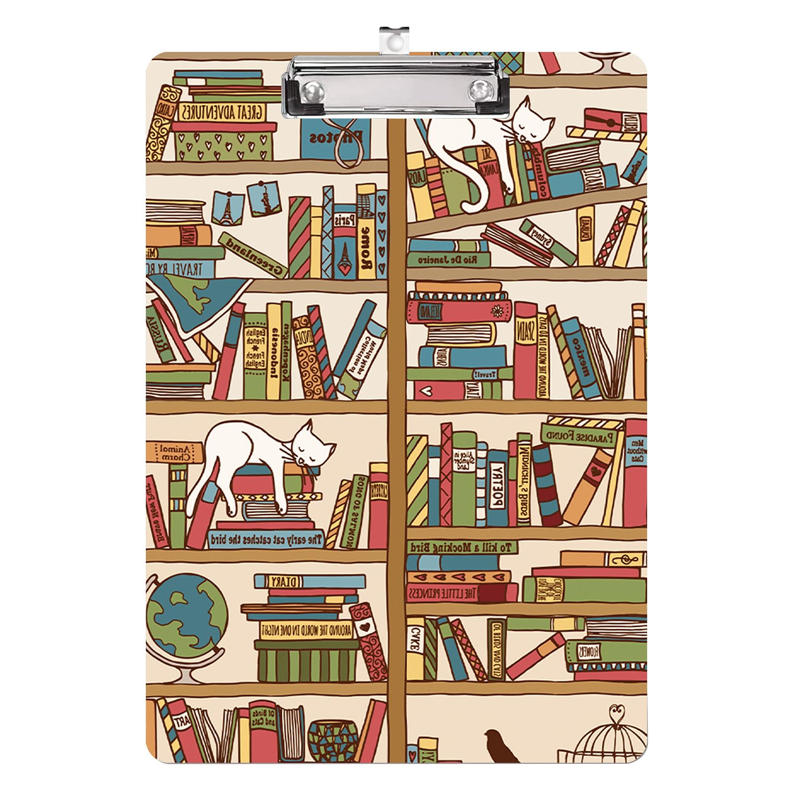 The Cat and The Bookshelf Plastic Clipboard with Finish Clip 8.7" x 12.5" Perfect for Modern Office Seminars Workshops Home School Classroom and Event