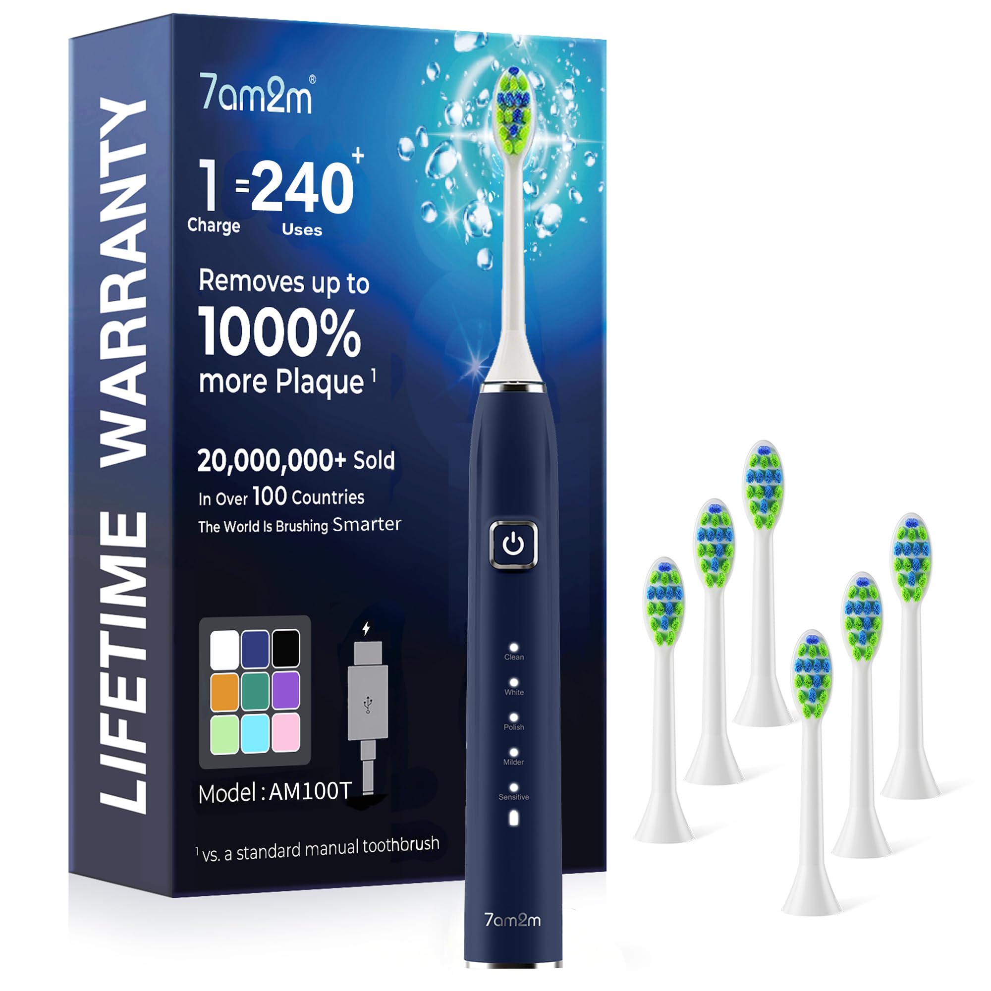 7AM2M Sonic Electric Toothbrush for Adults,Type-C Charging Run for 120 Days