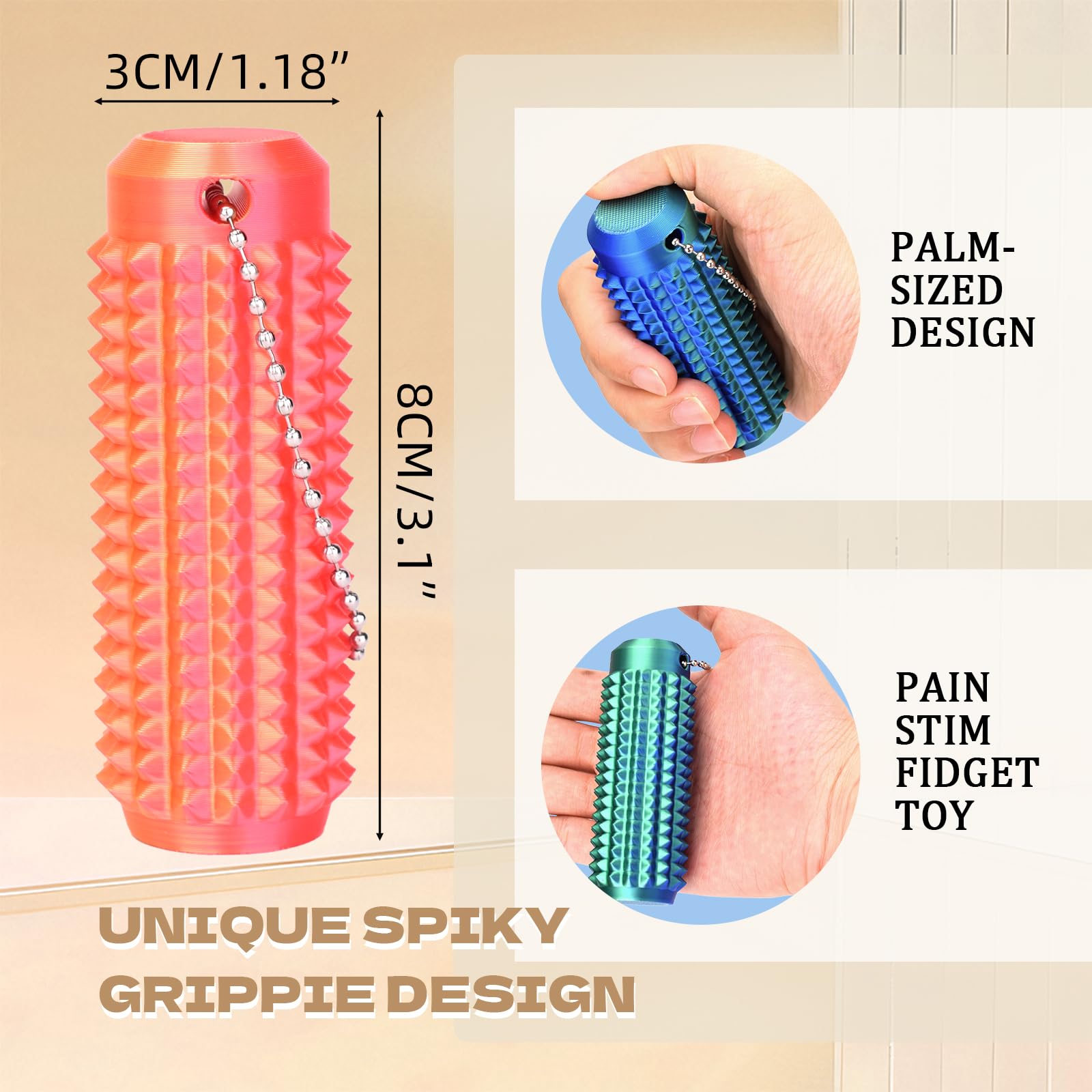 ATOMUS 2PCS Pain Fidget , Pain Stim Fidget for Adults 3D Printed Spiky Grippie Stim Keychain, Sensory for Stress Relief & Focus, Office Workers Novelty Gifts for Men - Image 3