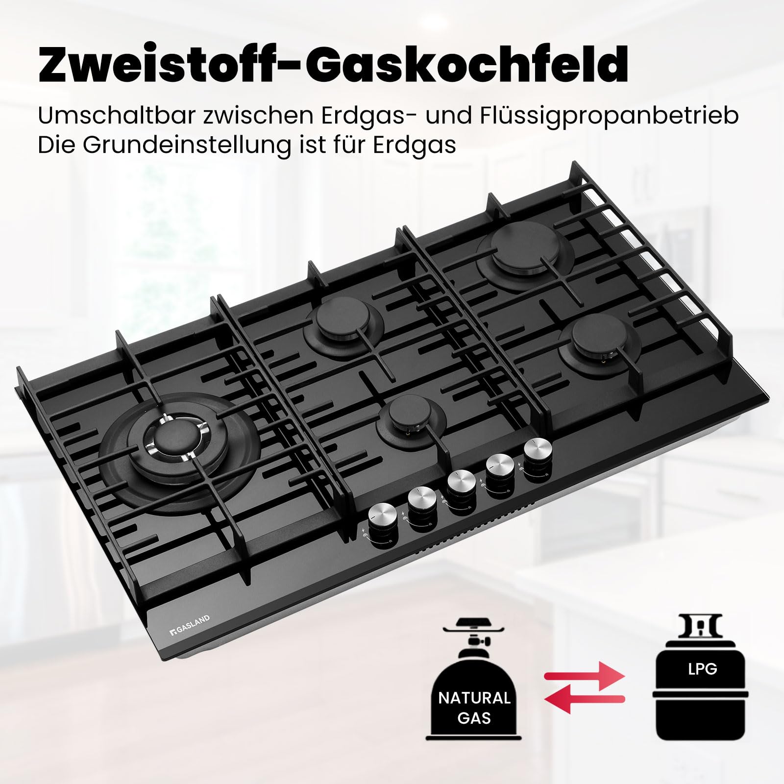 GASLAND GH2905BG1FC Piano cottura a gas in vetro a 5 fuochi, piano cottura a gas con bruciatore wok, piano cottura a gas da incasso, piano cottura in vetro nero da 87 cm, 10400W, GPL/gas naturale