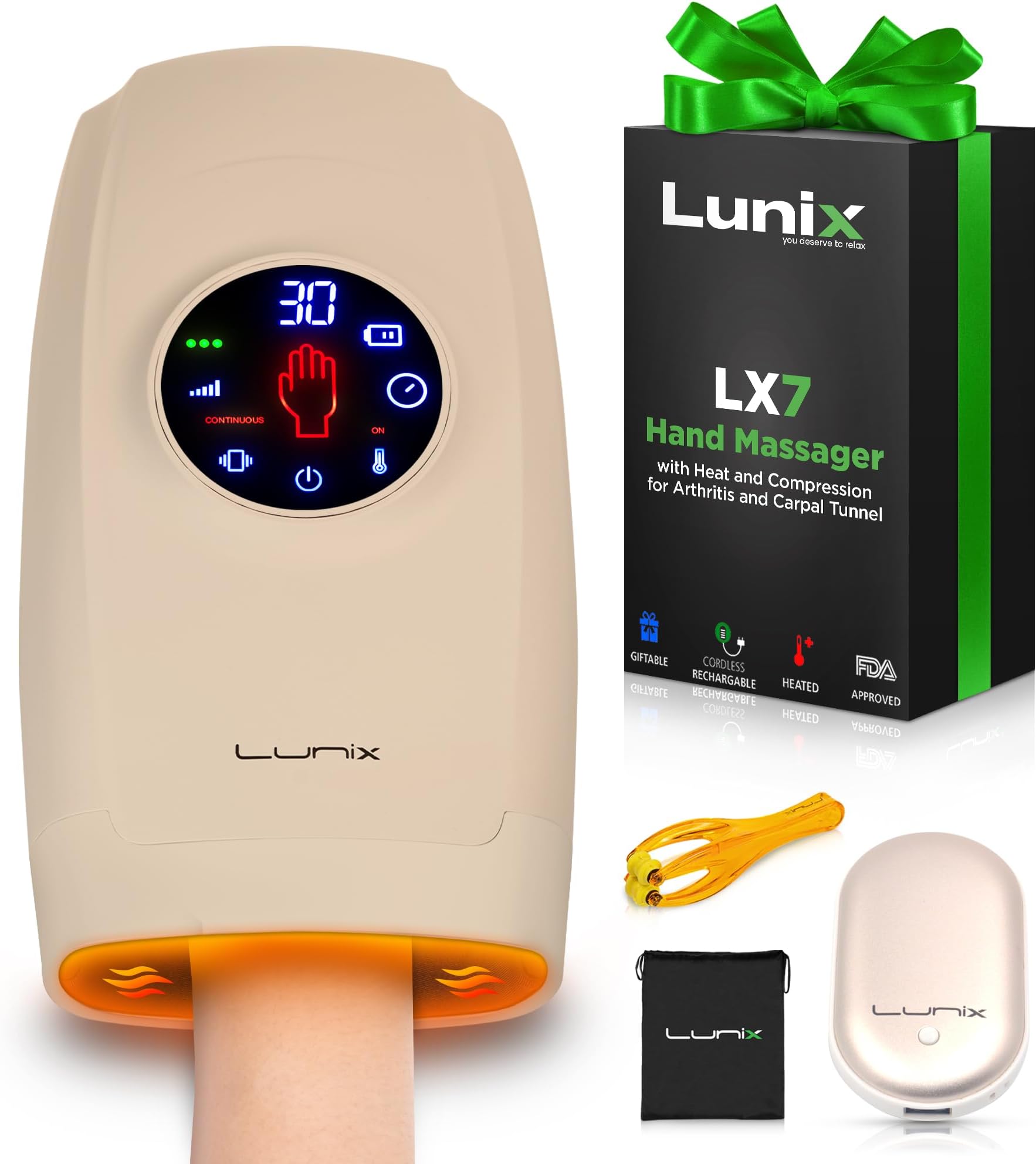 Lunix LX7 FSA Carpal Tunnel & Wrist Pain Relief Device, Heated Air Compression Hand Massager for Arthritis, Mothers Day Gifts for Women & Mom, Touchscreen, Sand Beige