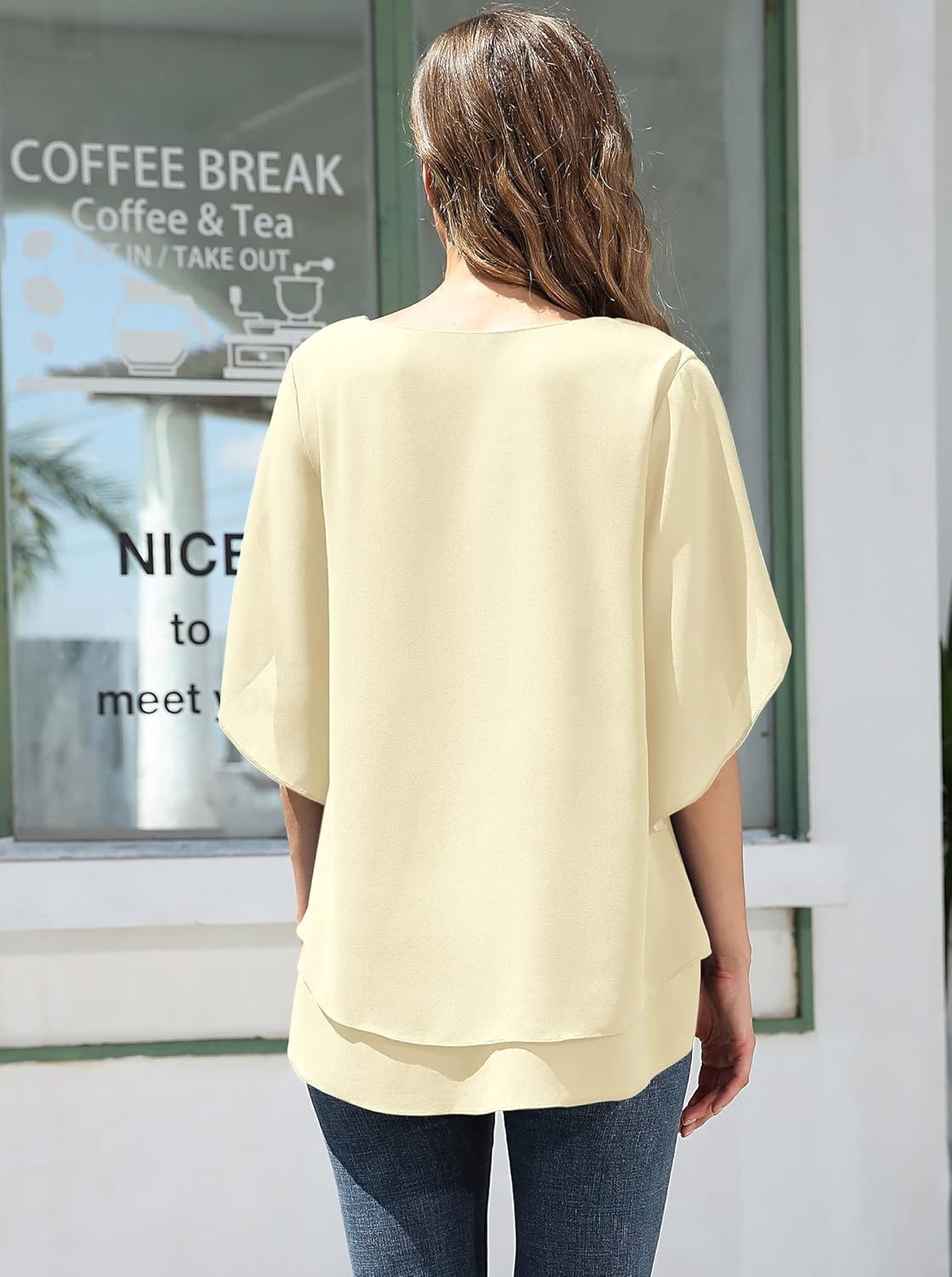 Jouica Women's Fall 3/4 Sleeve Tops Lined Flowy Chiffon Blouse Scoop Neck Shirt for Women - Image 5