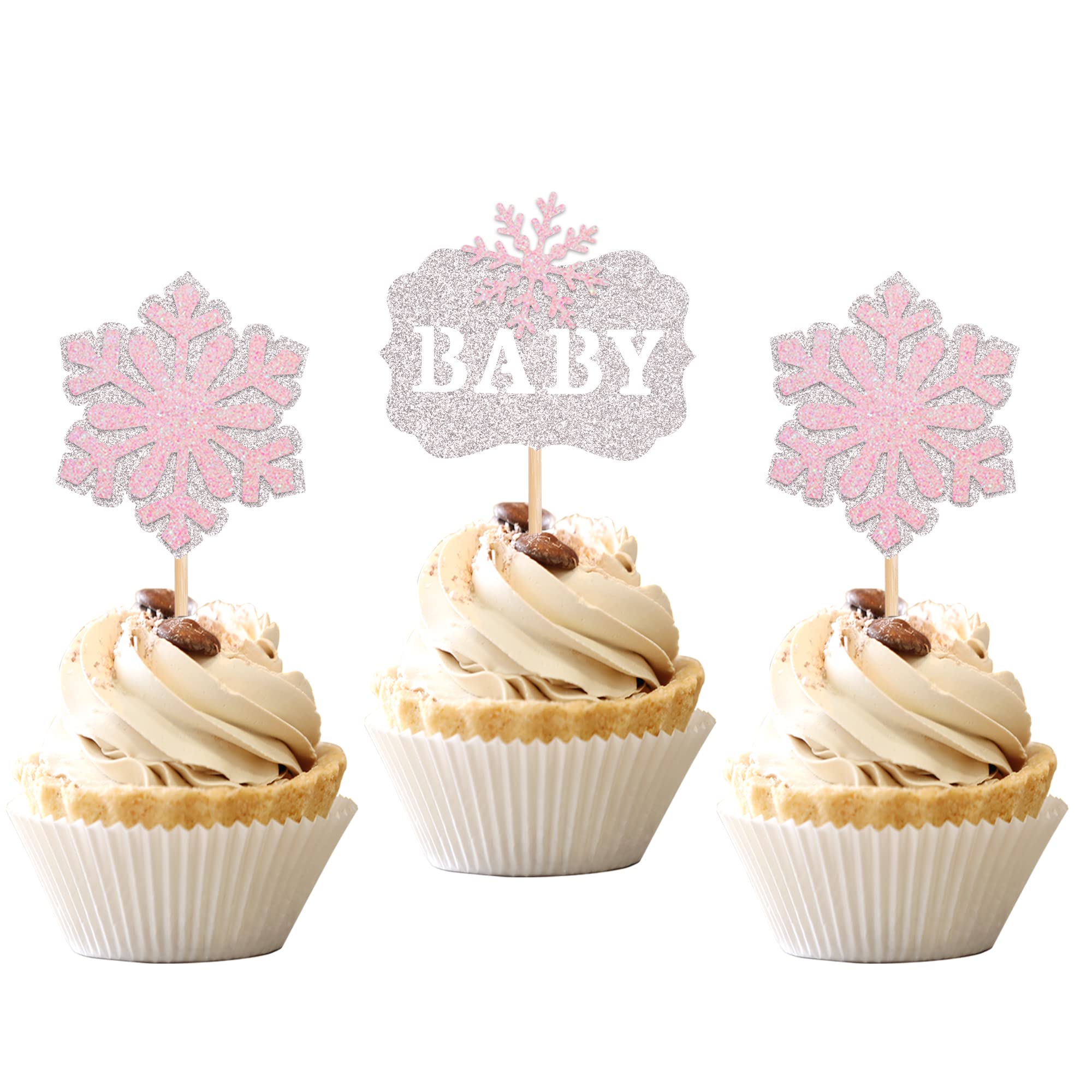 ZHUOWEISM 24 PCS Snowflake Baby Cupcake Toppers Glitter Winter Shower Picks Decorations for Theme Boy Kids Birthday Christmas Party Supplies Pink, Pattern 4 Silver+pink