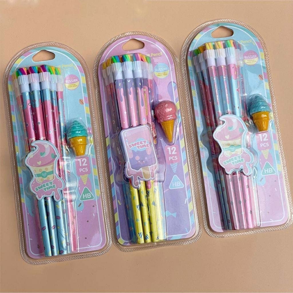 Shivaaro Stylish Pencils Stationary Kit - Pencil Set with Ice-Cream Shaped Erasers for Kids, Boys and Girls, Birthday Return Gift Stationary Set 3