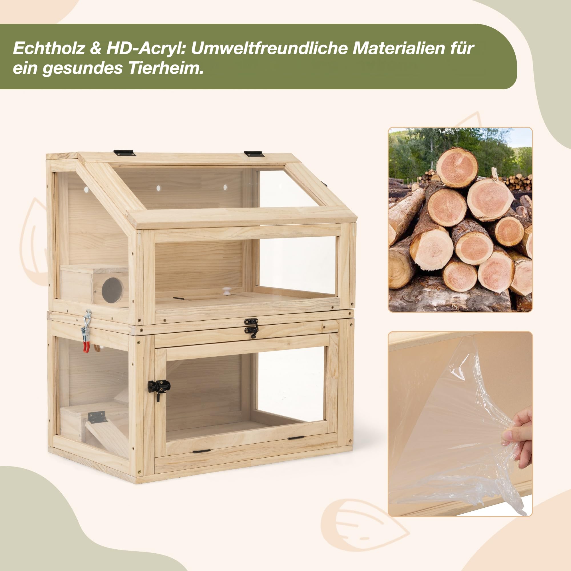 Nagarium - Jaula para hámster de dos pisos de madera natural con cristal acrílico – Grande 60 x 40 x 70 cm, jaula para ratas de libros, jaula de varios niveles con niveles separables y puertas