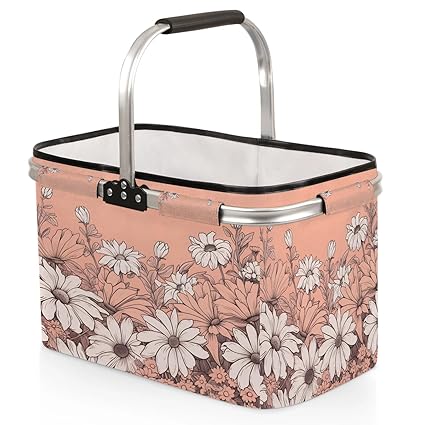 Kizmoglux Daisy Drawing Collapsible Market Basket, Foldable Picnic Basket - Large Shopping Basket with Handles, Portable Folding Bag for Shopping Camping Picnic