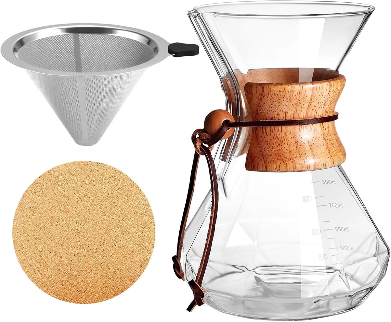 800 Ml/27 Oz Pour Over Coffee Maker Set, Glass with Wood Handle, Includes Stainless Steel Filter and 4 Coasters, Single Serve Design