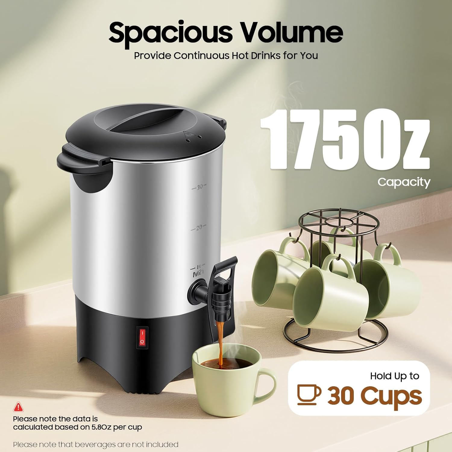 5.2L Coffee Maker Stainless Steel, 30-Cup Large Commercial Coffee Machine Quick Brew, 30-100℃ Double Wall Cafe Percolator, Hot Water Urn for Catering Offices, Church