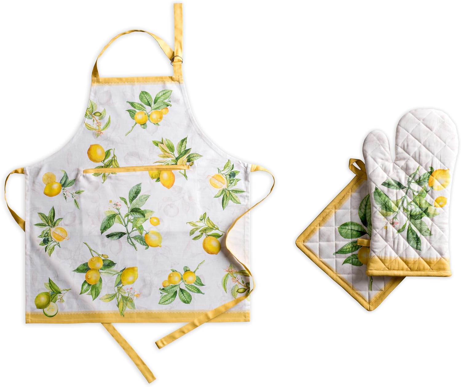 Maison d' Hermine Limoncello Bundle Set 100% Cotton Apron (27.50 Inch by 31.50 Inch) and Oven Mitt (7.5 Inch by 13 Inch)/Pot Holder (8 Inch by 8 Inch)