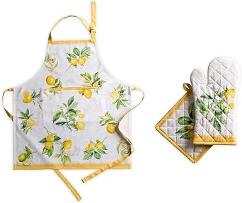 Maison d Hermine Limoncello Bundle Set 100% Cotton Apron 27.50 Inch by 31.50 Inch and Oven Mitt 7.5 Inch by 13 Inch/Pot Holder 8 Inch by 8 Inch