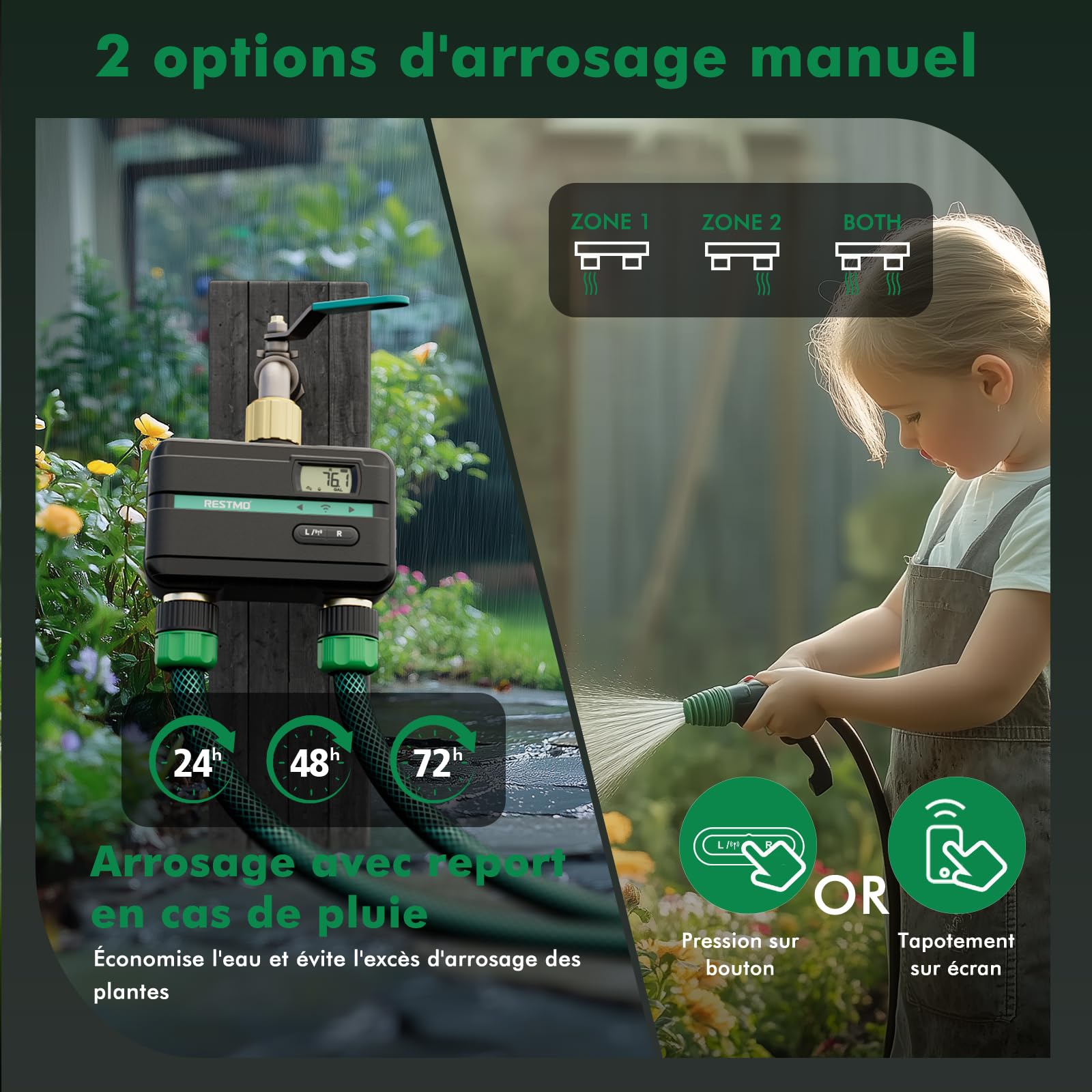 RESTMO Programmateur arrosage 2 Zones avec Puce Bluetooth + Wi-FI