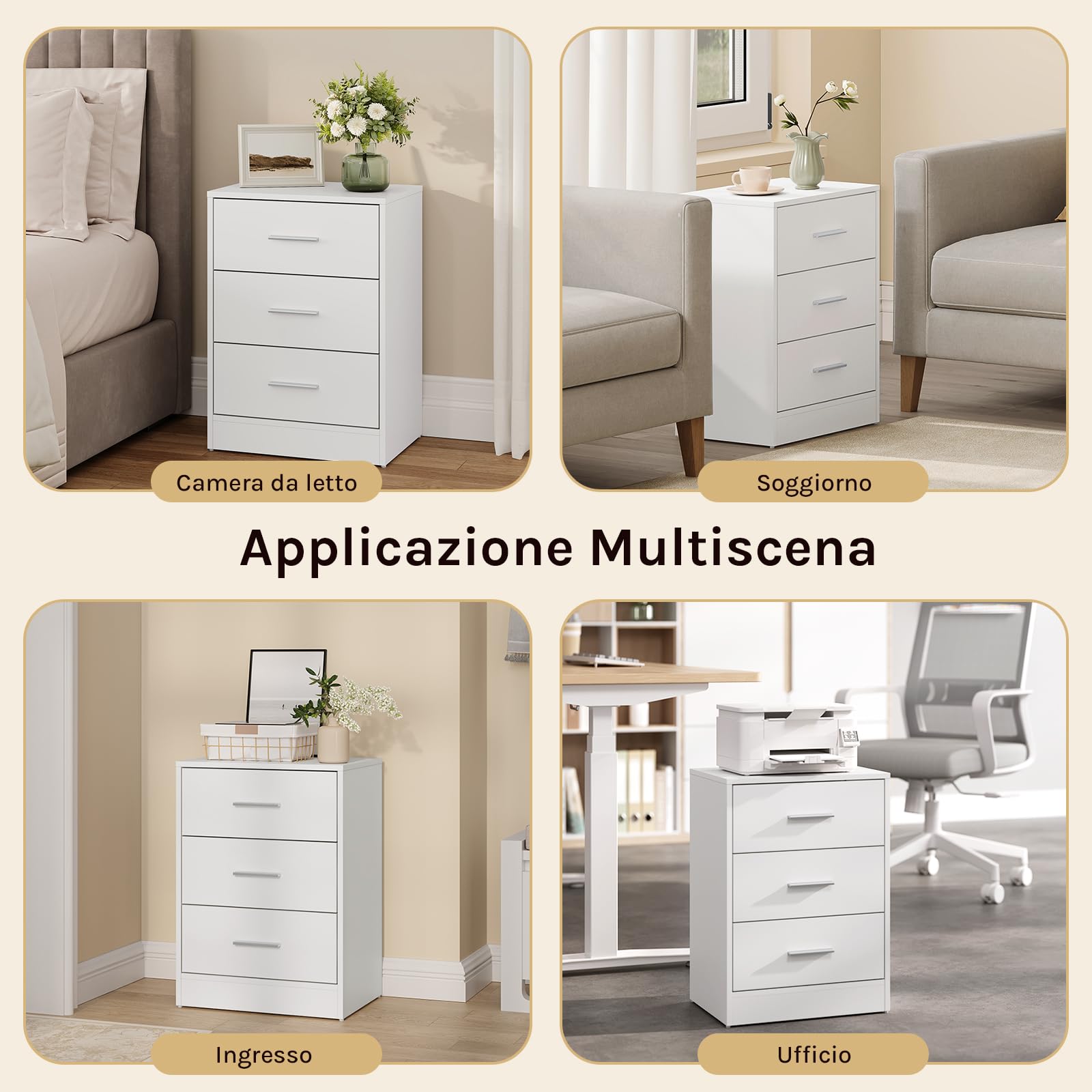WOLTU Set di 2 Comodini Moderni con 3 Cassetti, Grande Capacità, Tavolino da Letto per Camera da Letto, Soggiorno e Ufficio, 39x28x54cm, Bianco, NTS26hei-2