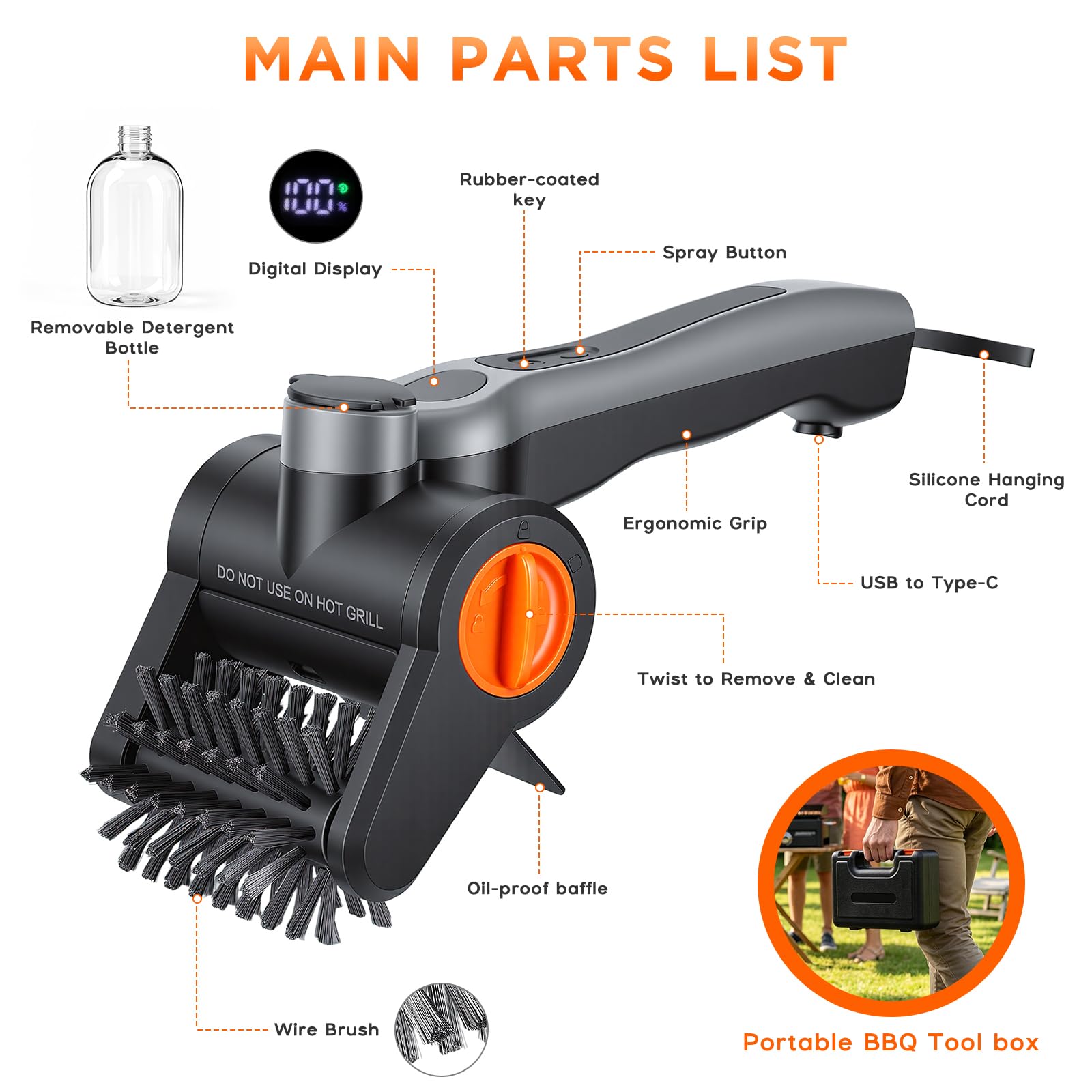Brosse Electrique Barbecue 100W avec Flacon Pulvérisateur – Rechargeable 7,4V, 2 Vitesses, 90 Min d'Autonomie, IPX8 Étanche – Brosse Nettoyage Electrique pour Grille avec Caisse à Outils