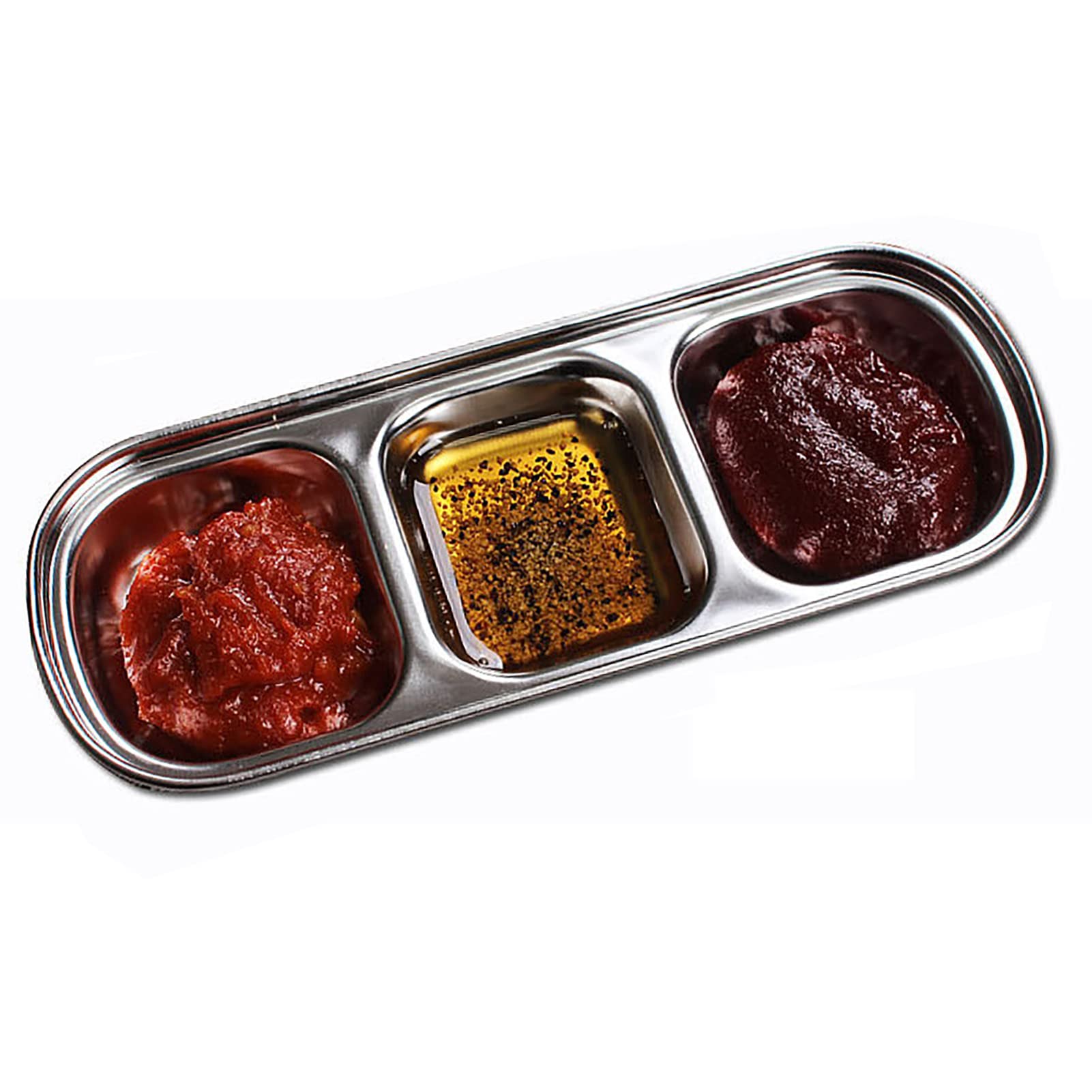 Natudeco Sauce Dish Stainless Steel Seasoning Dish 3-Compartment Appetizer Serving Tray Rectangular Divided Sauce Dishes Snack Plate Food Dipping Bowl for Home Kitchen Hotel