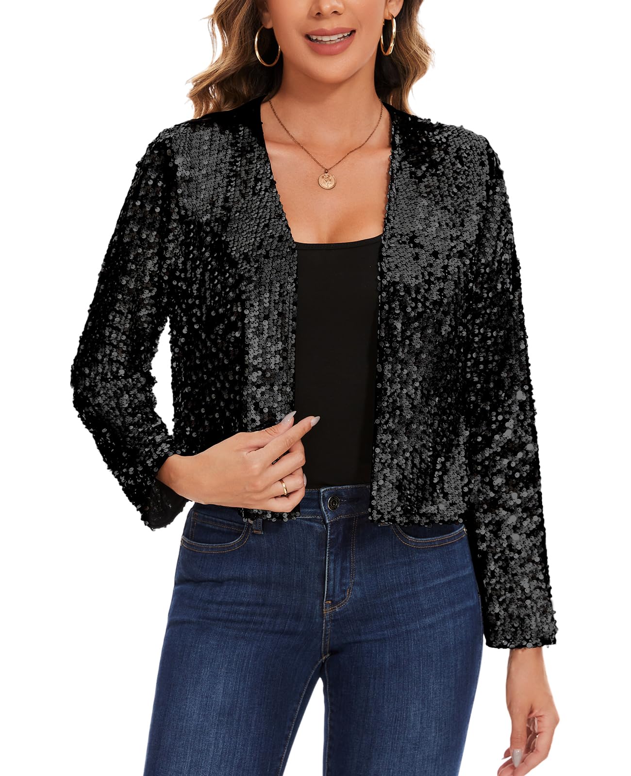 MINTLIMIT Sequin Cropped Cardigan for Women Long Sleeve Open Front Party Shiny Glitter Bolero Shrug Sparkly Jacket Coat
