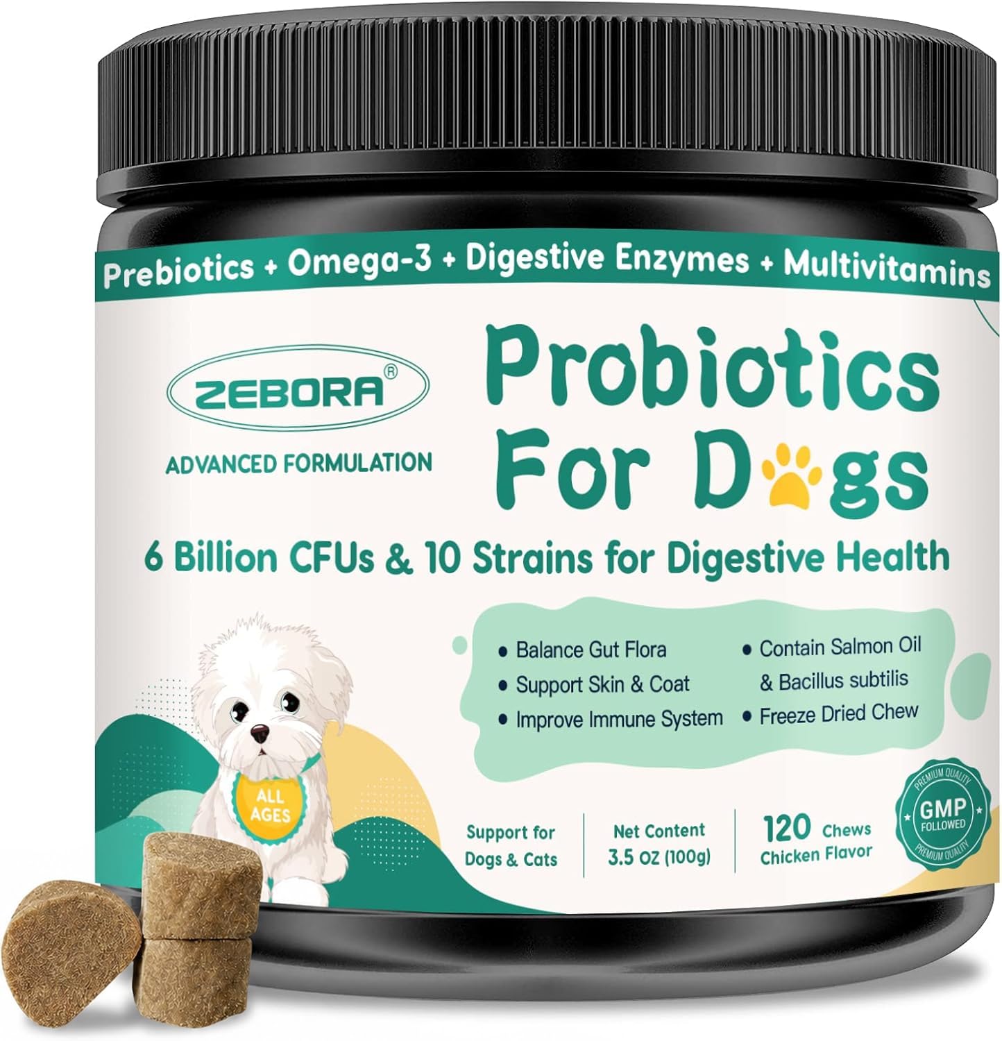 ZEBORA Probiotics for Dogs, 120 Freeze-Dried Chews
