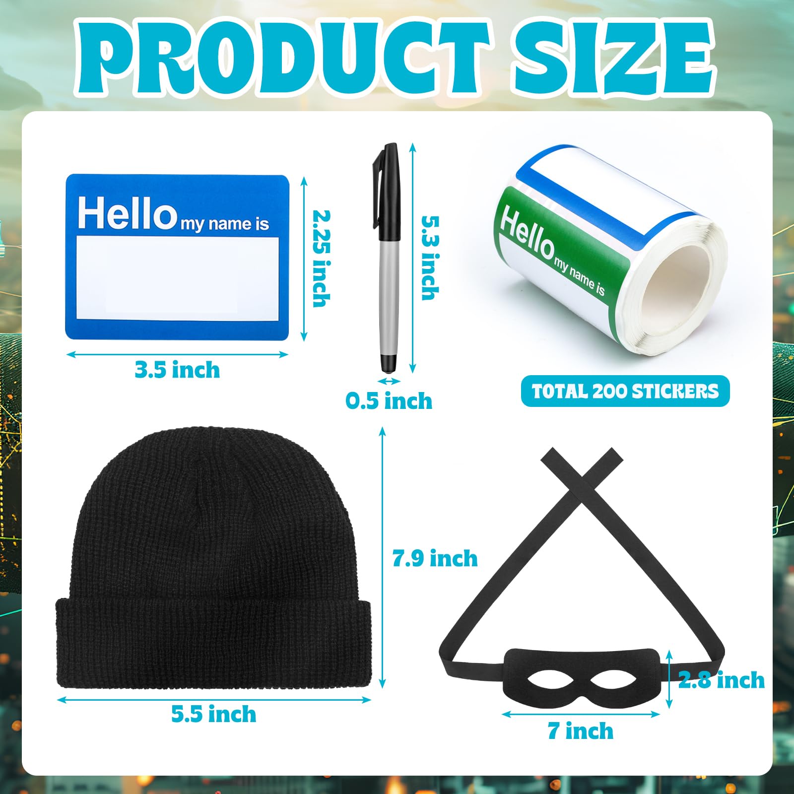Toulite 4 Pcs Identity Thief Costume Include Thief Name Tags Stickers Writing Pen Robber Eye Mask Thief Beanie for Halloween Funny Cosplay Theme Party Supplies