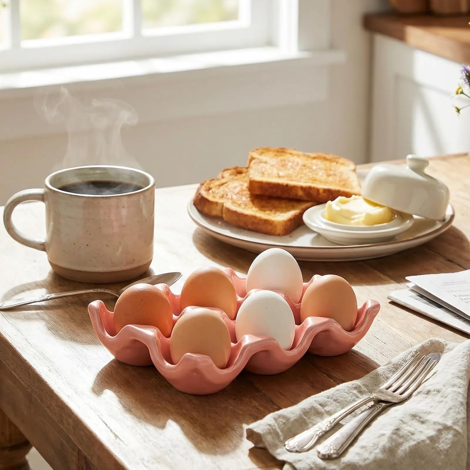 Ceramic Egg Holder, 6 Cup Scalloped Egg Tray for Countertop, Pink